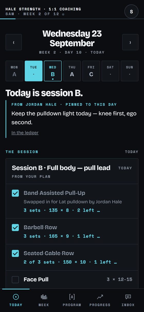 A client's day in Corner on a phone: session B as a card, with the coach's note pinned above it