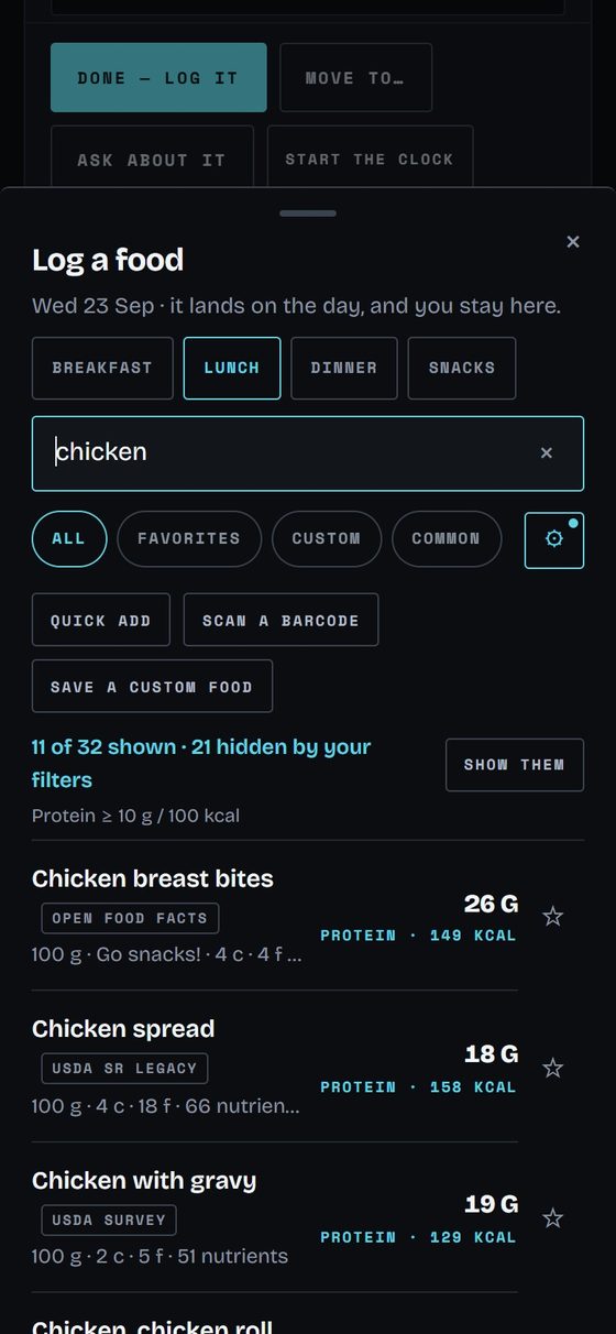 Logging a food in Corner on a phone: a search for chicken across Open Food Facts and USDA, filtered by protein