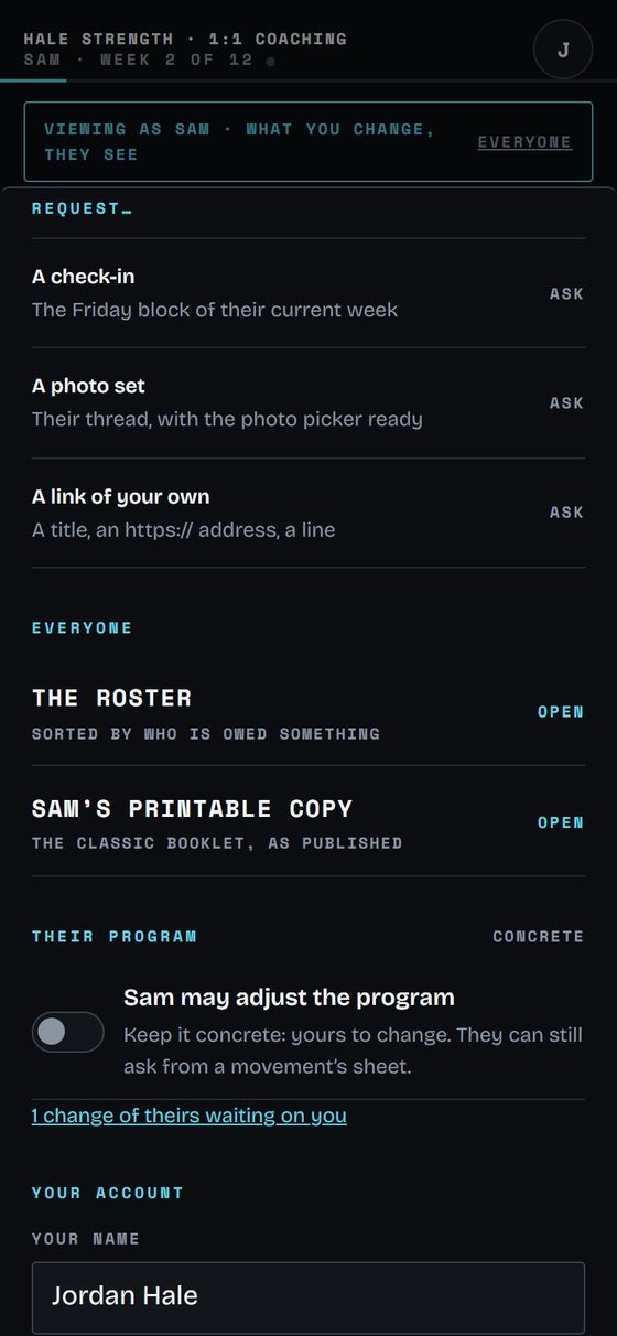 A coach's view of a client's forms in Corner on a phone: request a check-in, a photo set or a link