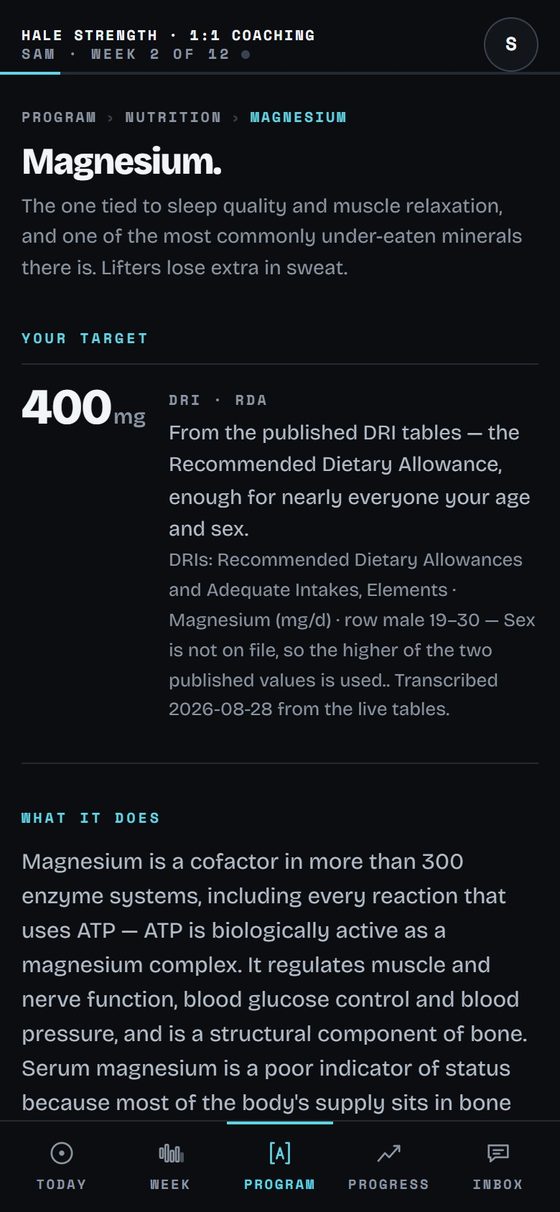 A nutrient's page in Corner on a phone: magnesium, its target from the DRI tables, and what it does