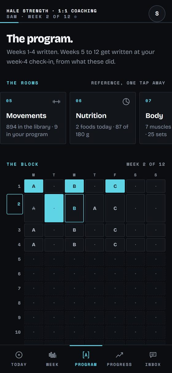 The program in Corner on a phone: a twelve-week grid of sessions, and the rooms a tap away