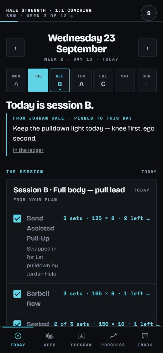 The day: What they train today, with their coach's note pinned to it.