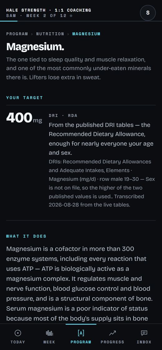 A nutrient: What it does, this person's target, and where that number came from.