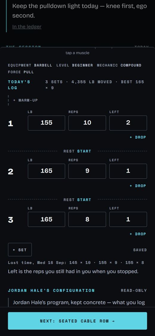 The sets: Weight, reps and the reps they had left, set by set, with a rest timer under them.